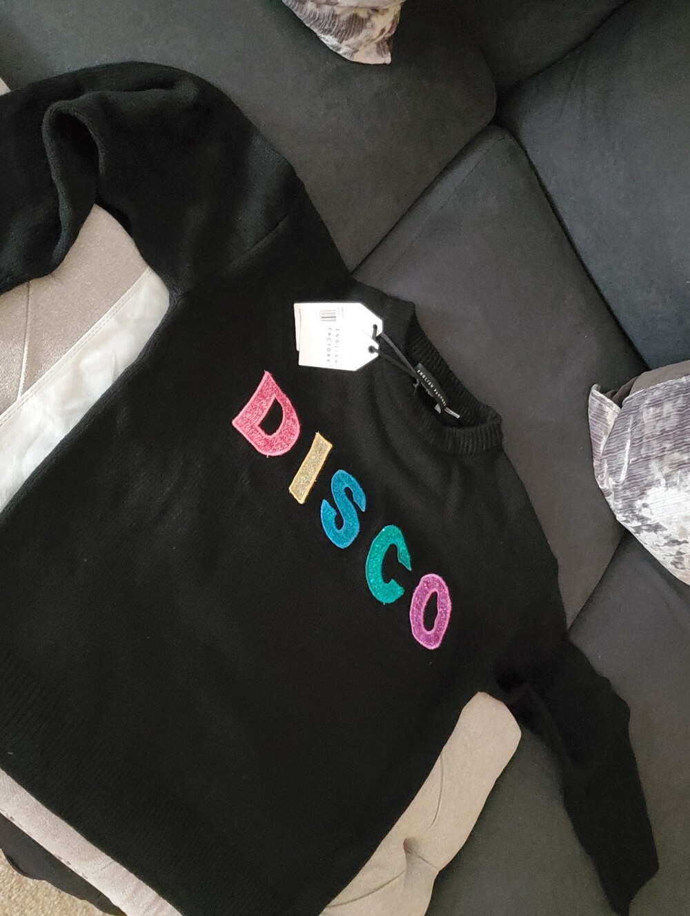 English Factory Black Crewneck Sweater with Multicolor 'DISCO' Embroidery